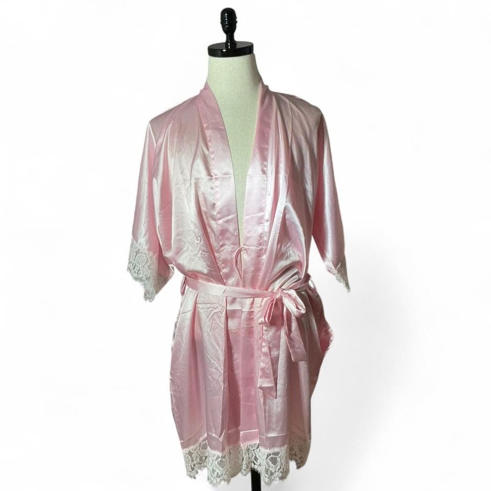 Womens Pink‎ Satin Lace Robe Kimono Sleepwear Loungewear XL coquette